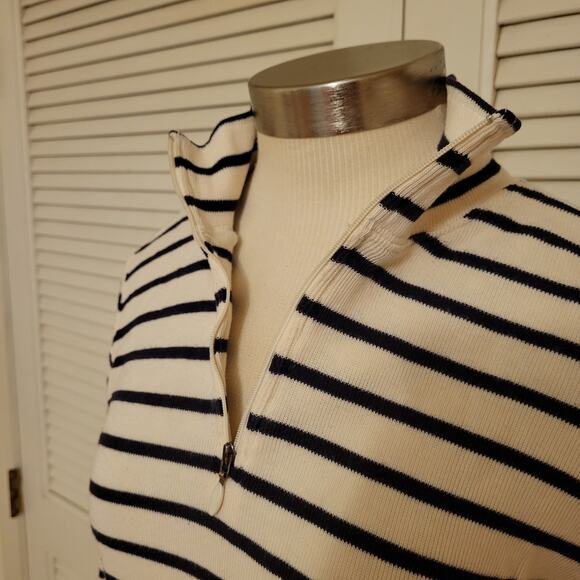 LL Bean Striped Half Zip Pullover Cream Black Medium 90s Y2K Long Sleeve Top - Picture 4 of 8